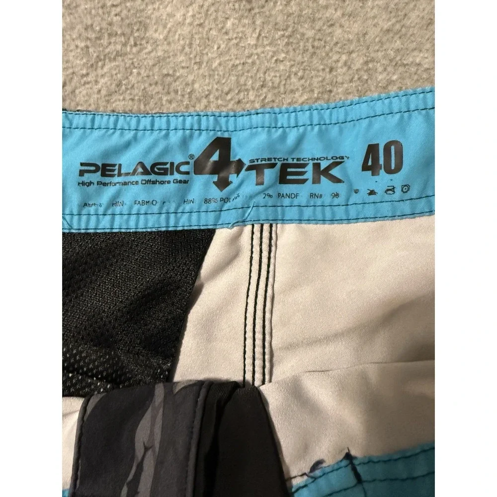 Pelagic 4Tek Fish Camo 2 Gray Board Shorts Men 40 Swim Trunks Pocket Drawstring